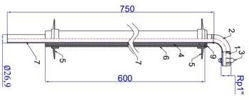 Gas entry pipe DN20 x half union with loose nut 1" L750