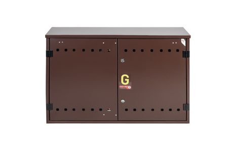 Gas pressure reducing and measuring point (MRS) for 2 horizontally installed gas meters, metal cabinet, brown 1050x700x250